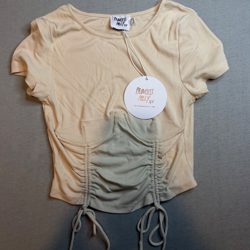 Princess‎ Polly Stormi Top Beige Ribbed Corset Ruched Crop Tee US 8 NWT